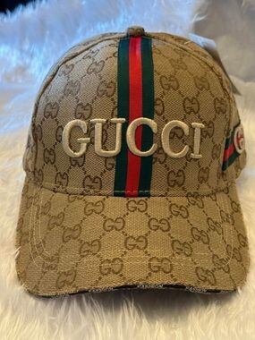 Beige Monogram Cap with Green-Red Stripe